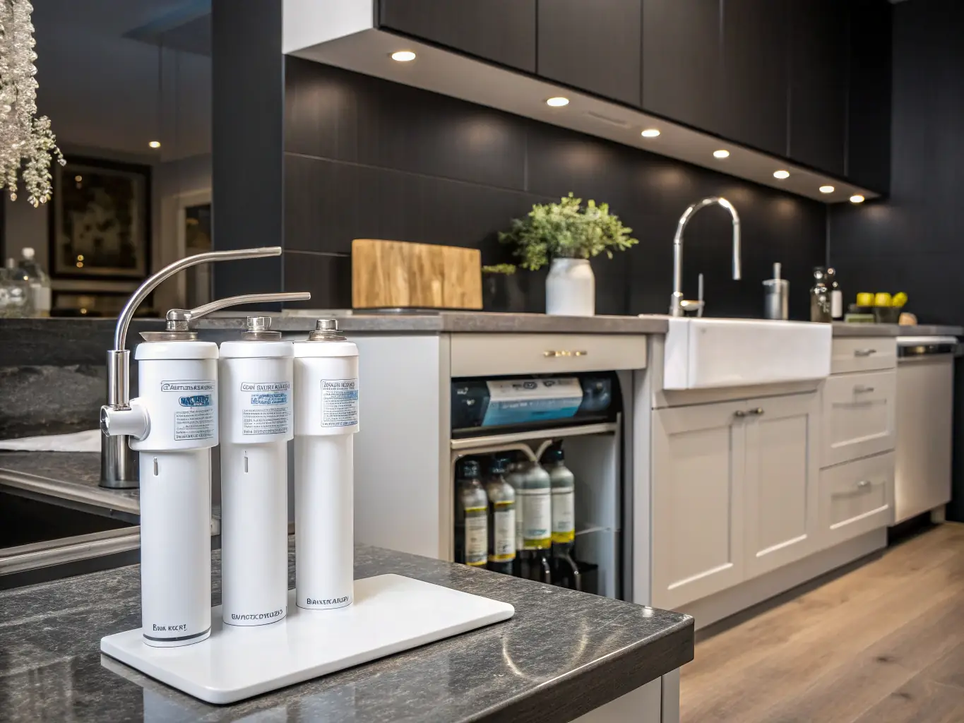 A modern under-sink water filtration unit installed in a kitchen setting, showcasing the sleek design and space-saving benefits of Desert Water Pure's filtration systems.