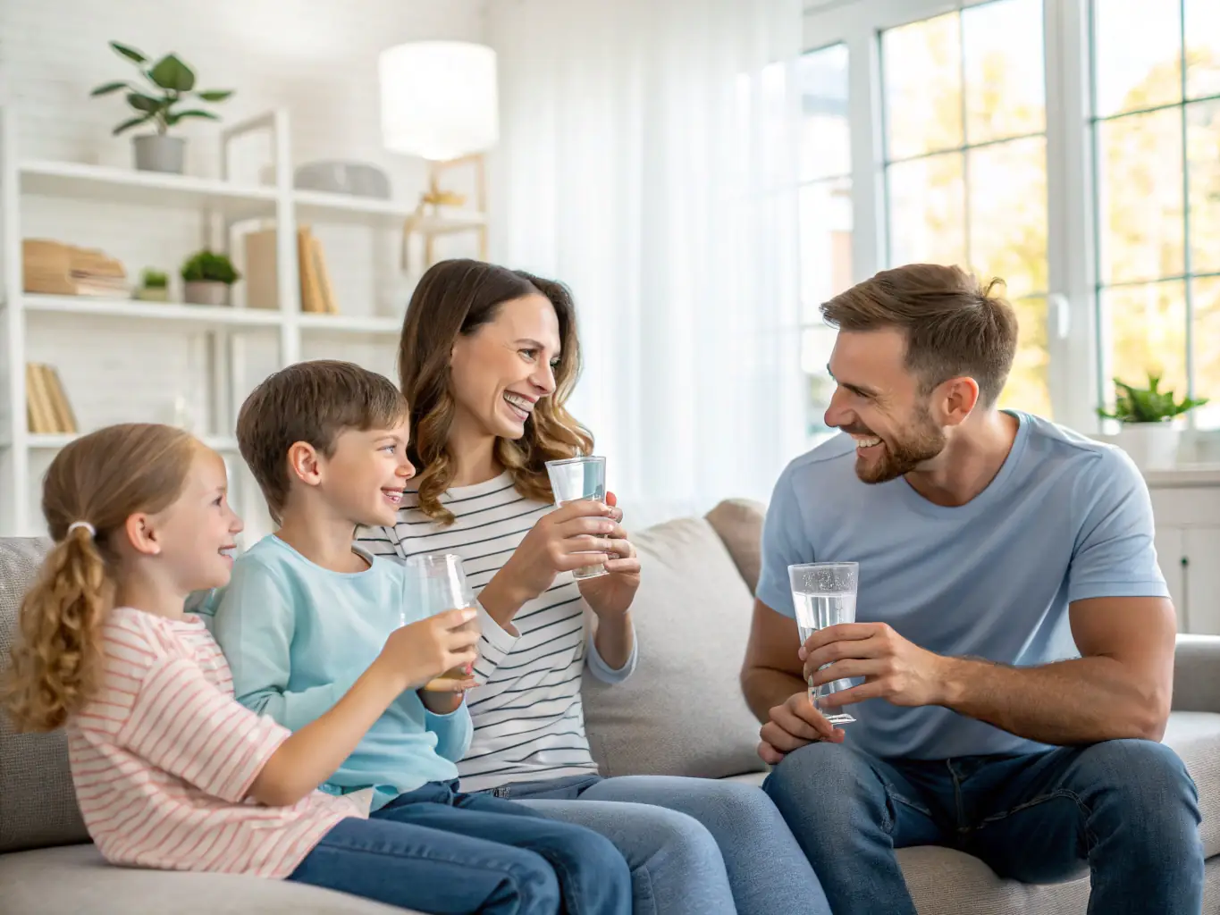 An image of a family drinking water from a tap, with a water filtration system subtly visible in the background, conveying a sense of safety and health.