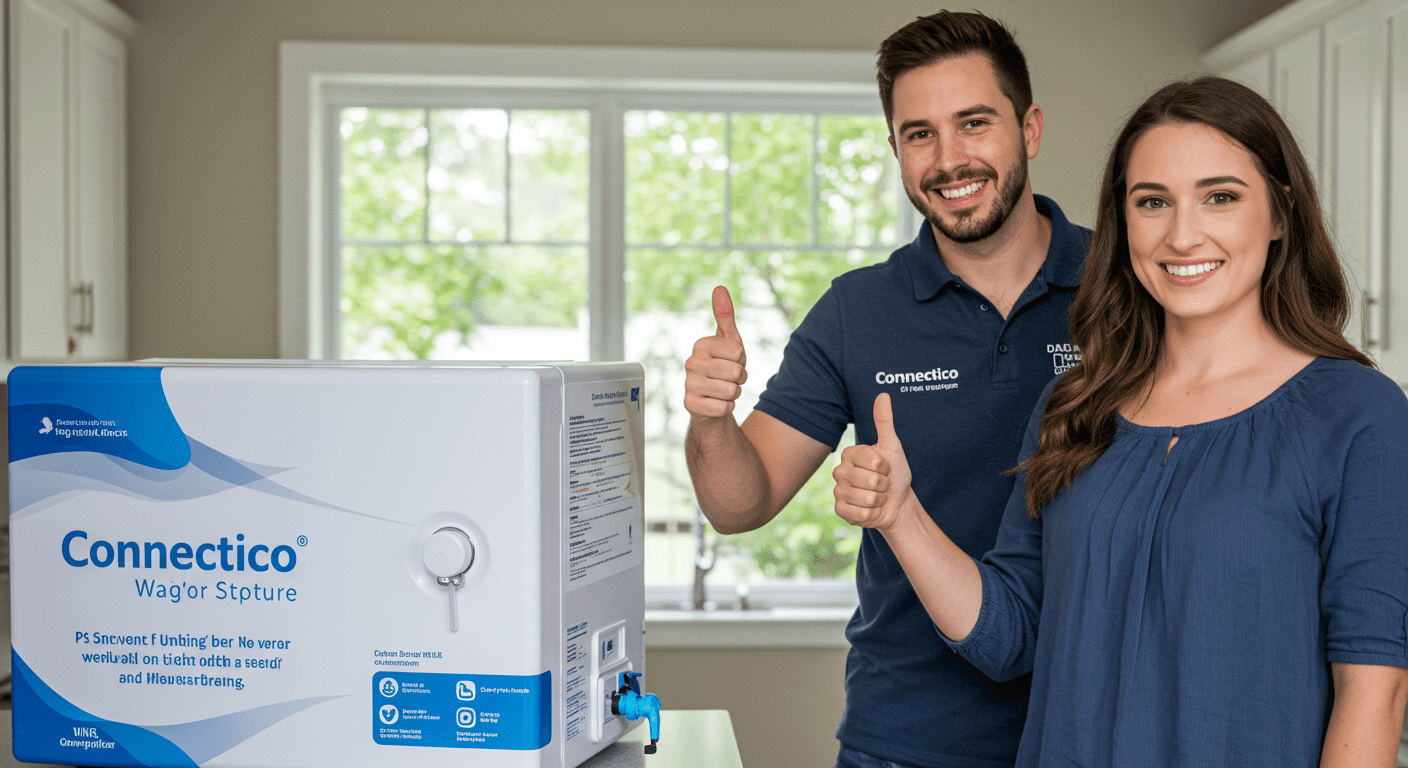 A satisfied customer giving a thumbs-up while standing next to a Connectico water filtration system in their home. The setting is bright and inviting, emphasizing trust and reliability.