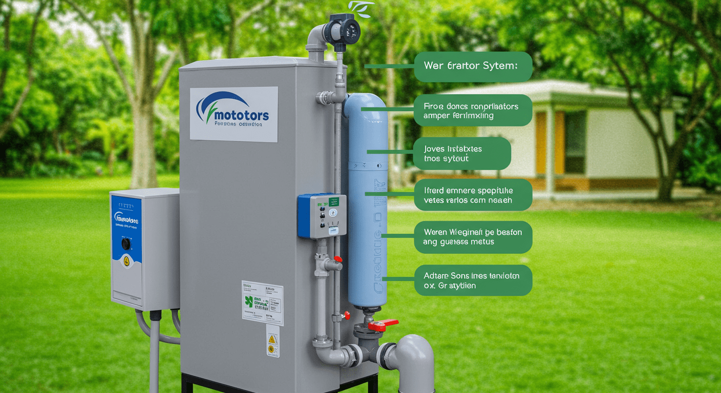 A modern water treatment system with eco-friendly features highlighted, set against a backdrop of a green garden or eco-conscious home.