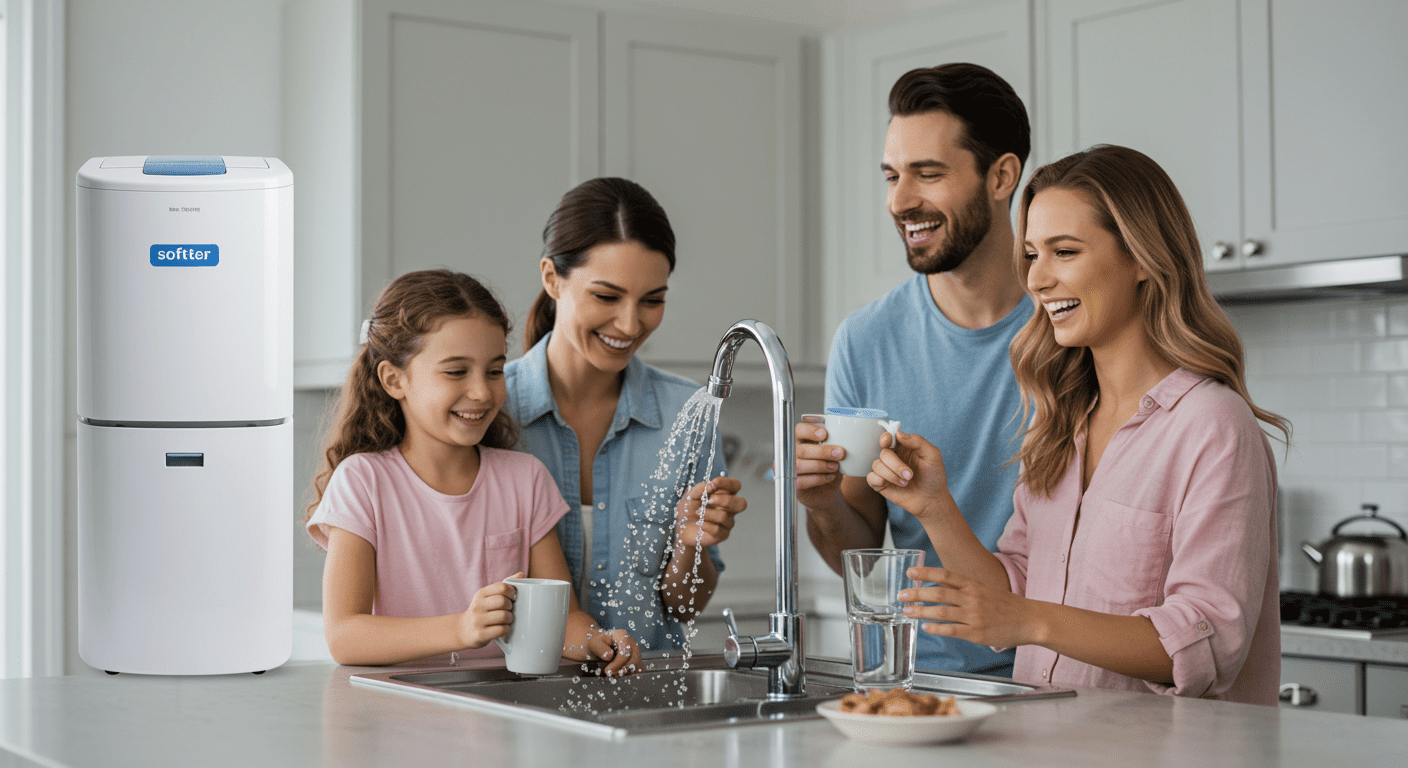 A family happily using water in their kitchen, with a water softener visible in the background, illustrating customer satisfaction and daily life improvements.