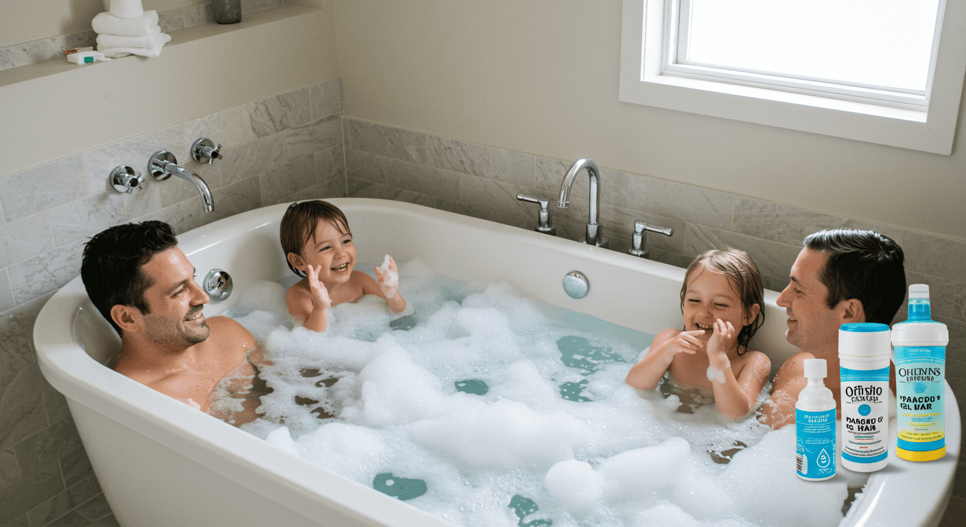 A family enjoying a relaxing moment in a bathroom with a luxurious bathtub filled with bubbles, symbolizing the benefits of soft water on skin and hair.