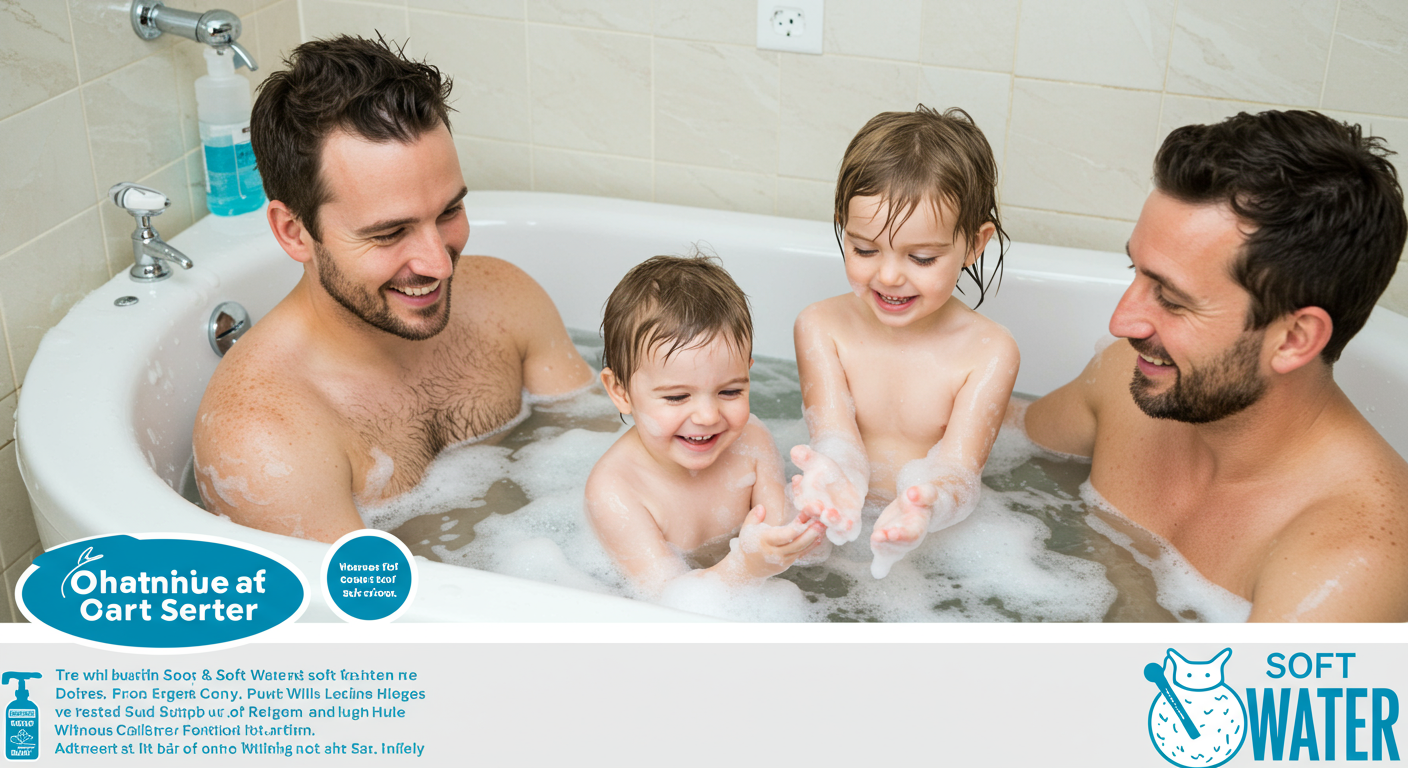 A family enjoying bath time, with children playing in a bubbly bath. The water appears soft and inviting, emphasizing the benefits of soft water for skin and hair.