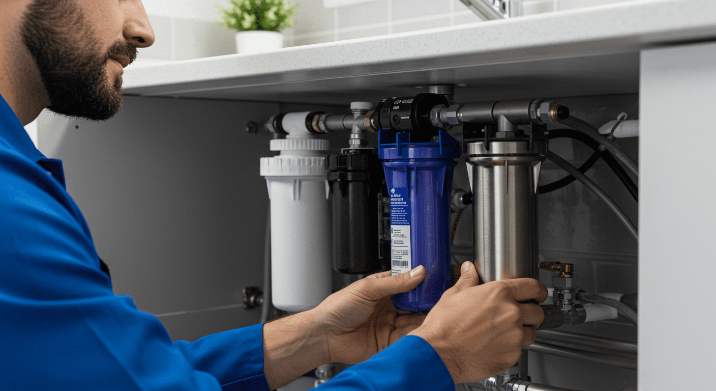 A technician installing a modern water filtration system under a kitchen sink, showcasing the intricate plumbing and filtration components.