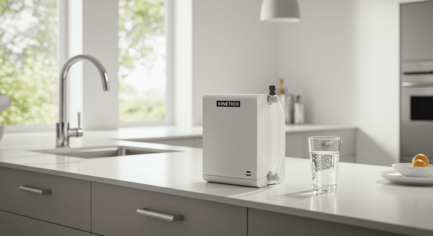A sleek Kinetico water filter system installed under a modern kitchen sink, with a glass of crystal-clear water on the counter. The kitchen has a bright, airy feel with natural light streaming in.