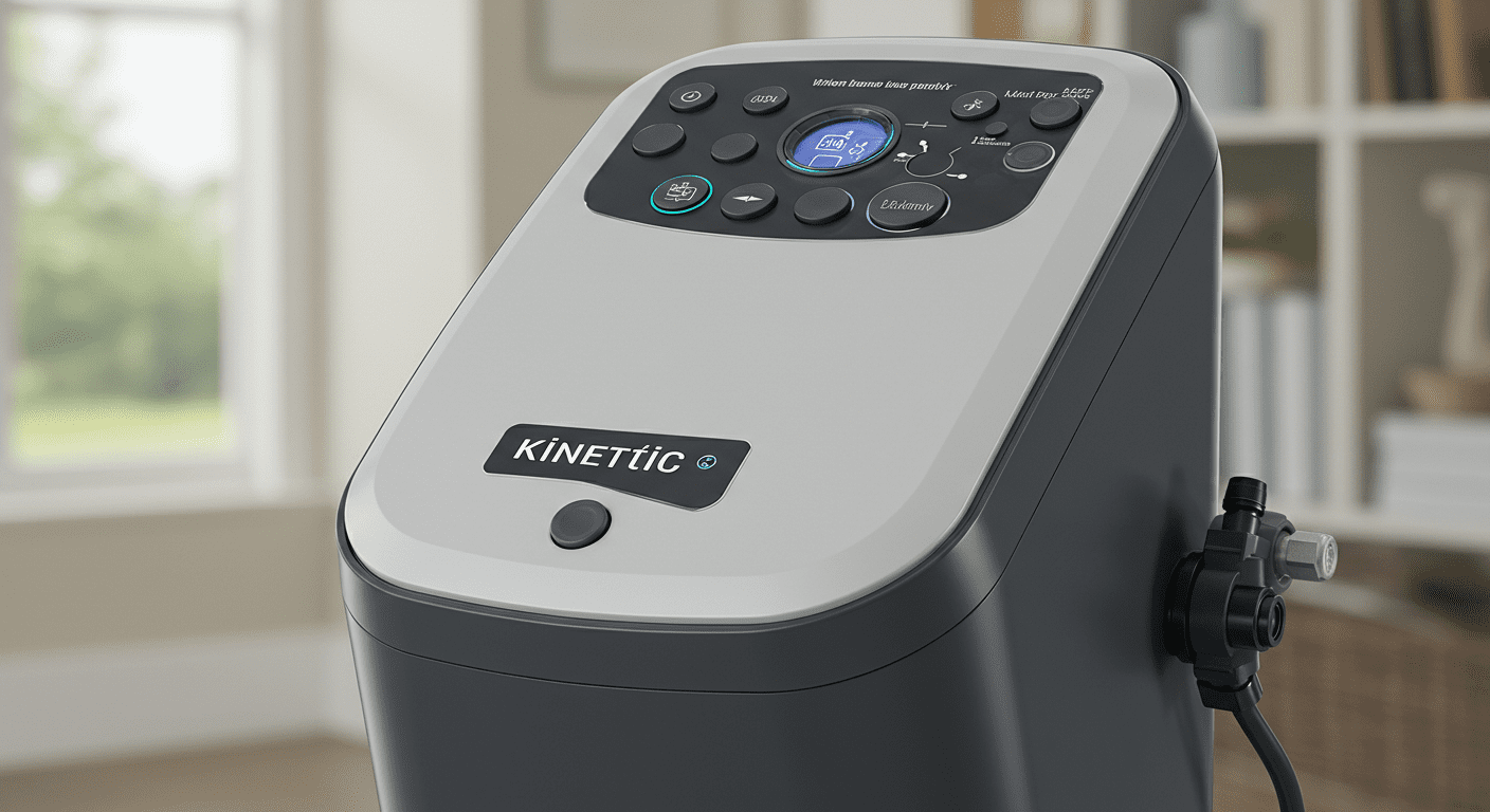 A close-up shot of the Kinetico whole house filter unit, elegantly displayed in a home environment, emphasizing its sleek design and functionality.