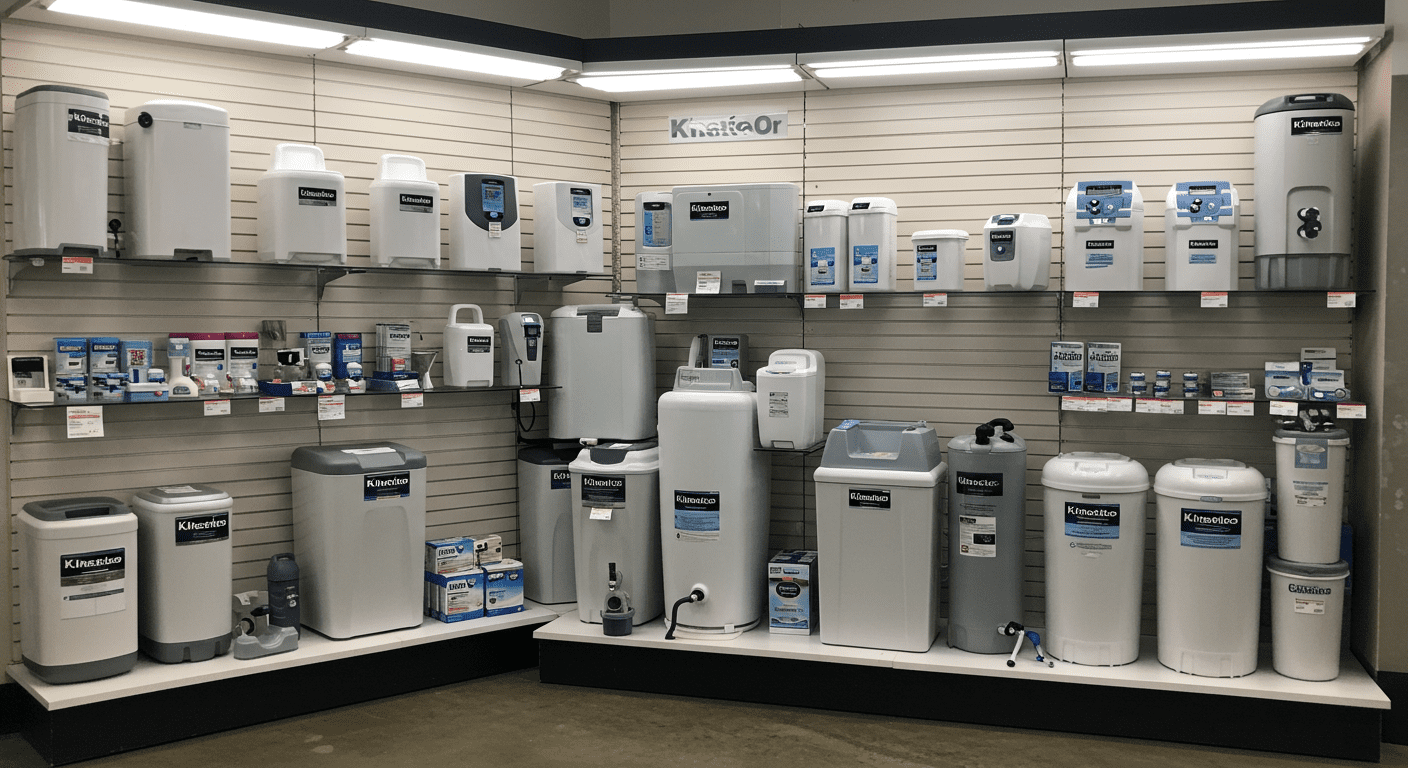 A well-organized display of Kinetico water treatment products in a local showroom. The products are highlighted with soft lighting, showcasing their features and inviting customers to explore.
