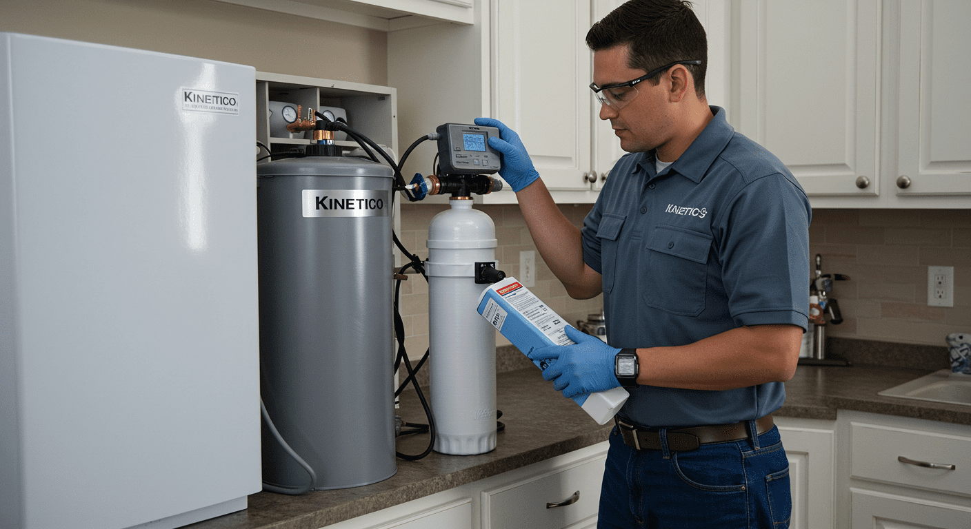A technician performing maintenance on a Kinetico RO system in a residential setting. The image conveys professionalism and the importance of regular maintenance for water quality.
