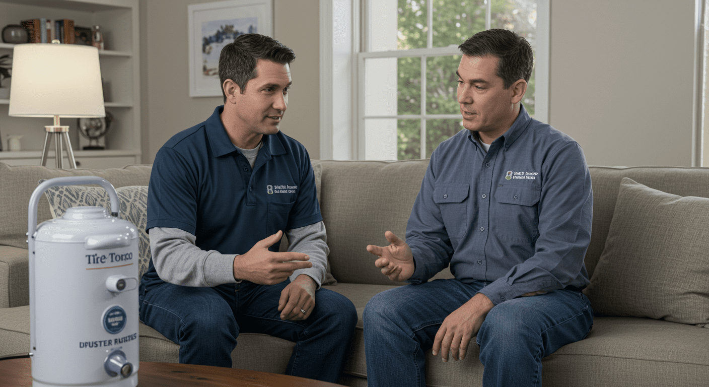 A friendly local technician discussing water purification options with a homeowner in their living room. The setting is warm and inviting, showcasing a personal connection and local service.