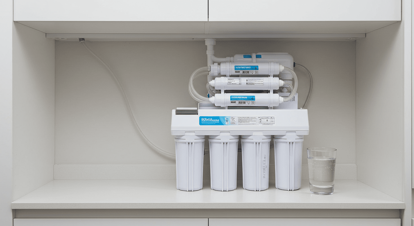 A modern reverse osmosis filtration system installed under a kitchen sink, showcasing the sleek design and clear tubing, with a glass of filtered water beside it.