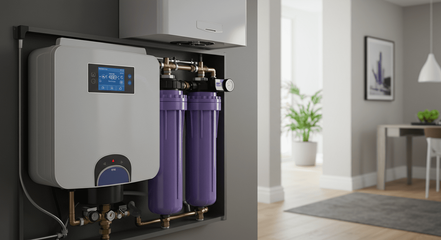 A close-up shot of a modern water conditioning system installed in a home setting, showcasing its sleek design and features.