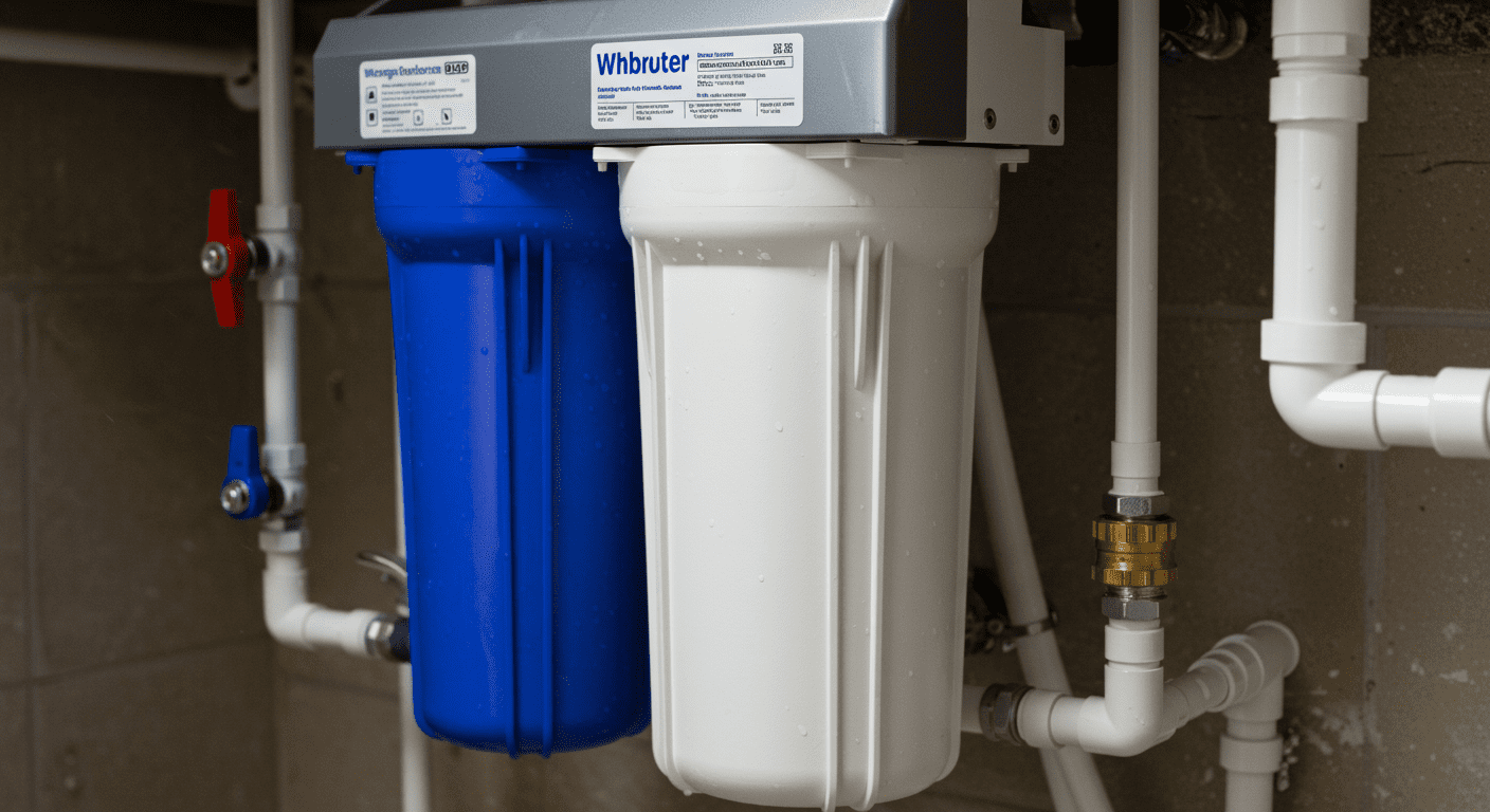 A close-up of a modern whole house water filter system installed in a home basement, showcasing its sleek design and plumbing connections. The image captures the clarity of the water flowing through the system, emphasizing purity and cleanliness.