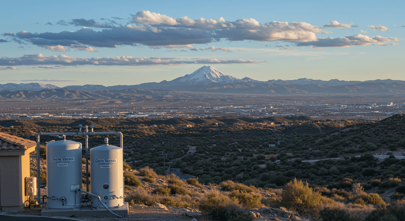 A picturesque view of North Las Vegas with a water softener system prominently displayed in a home setting, showcasing the local context of the article.