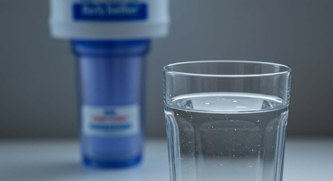 A close-up of a glass filled with crystal-clear water, with a water filter system visible in the background, symbolizing purity and health.