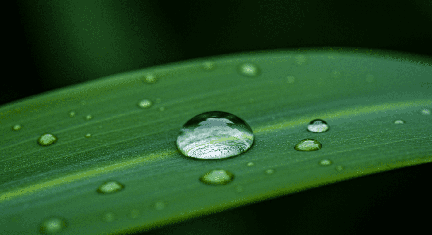 A serene image of a water droplet on a leaf, symbolizing purity and the benefits of soft water.