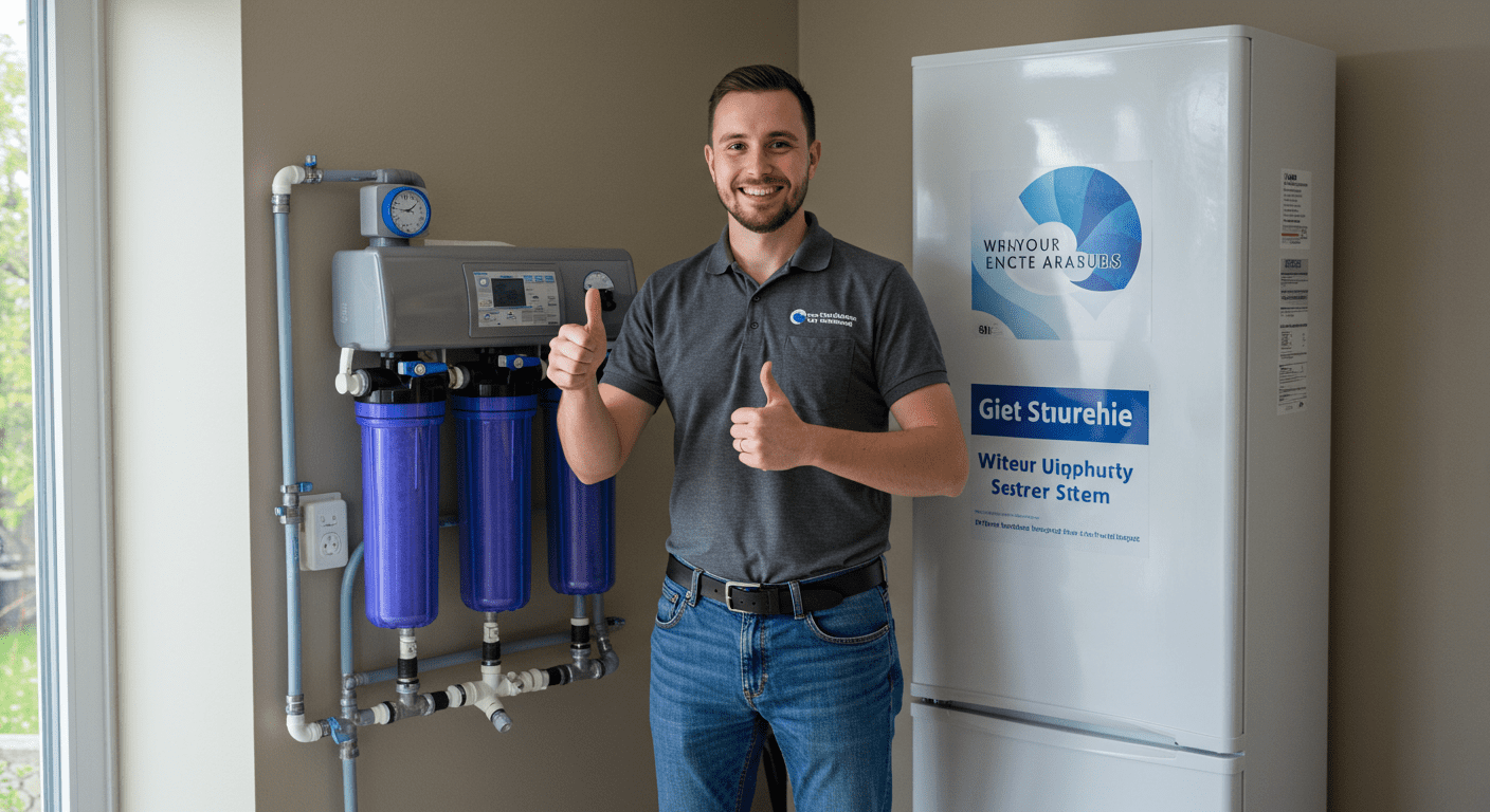 A satisfied customer standing next to their newly installed water filtration system, giving a thumbs up. The setting is bright and inviting, showcasing the customer’s satisfaction and the effectiveness of the system.