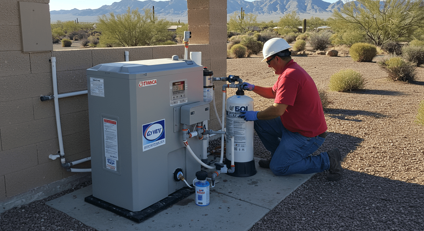 A technician installing a water softener system in a Las Vegas home, highlighting the importance of quality water systems in arid regions.