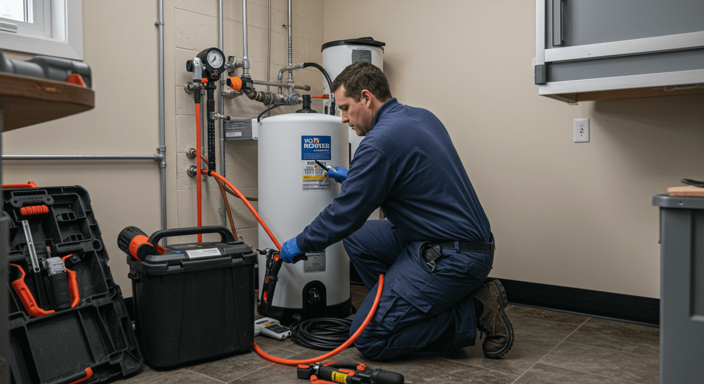 A professional technician installing a whole house soft water system in a modern utility room.