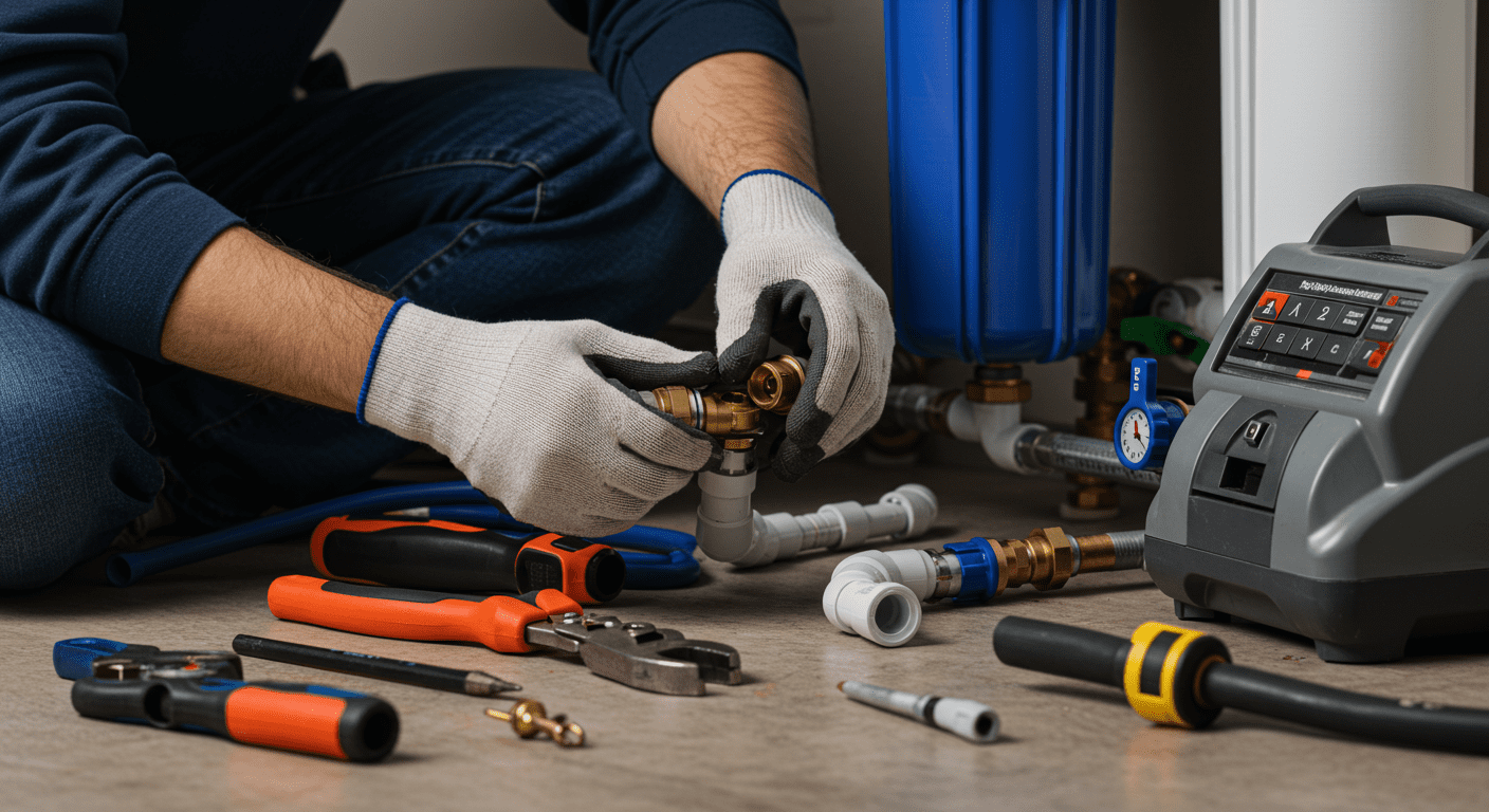 A technician professionally installing a whole house water filter system, with tools and equipment laid out nearby. The focus is on the technician's hands connecting pipes.