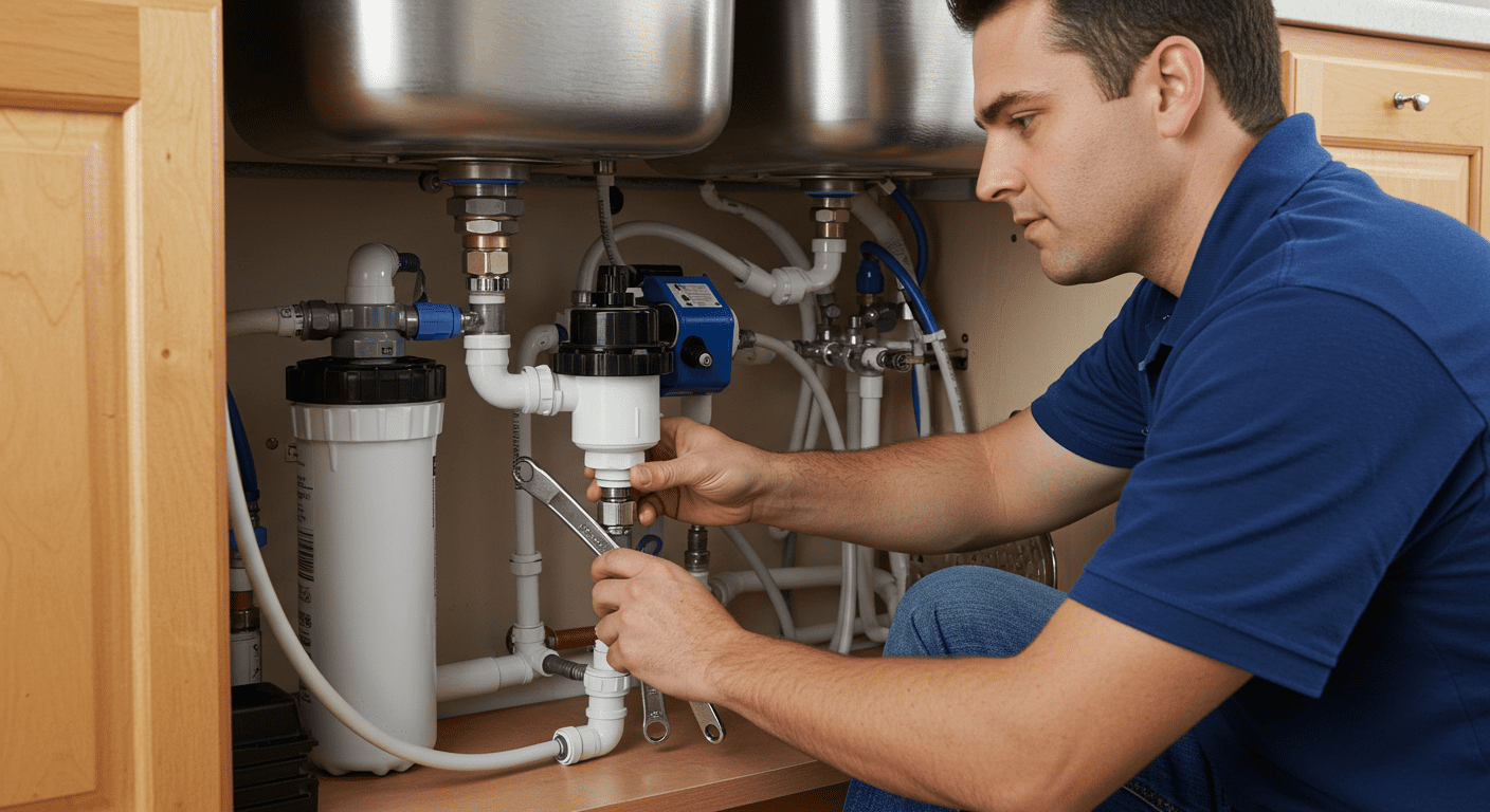 A technician installing a water treatment system under a kitchen sink, demonstrating the installation process.