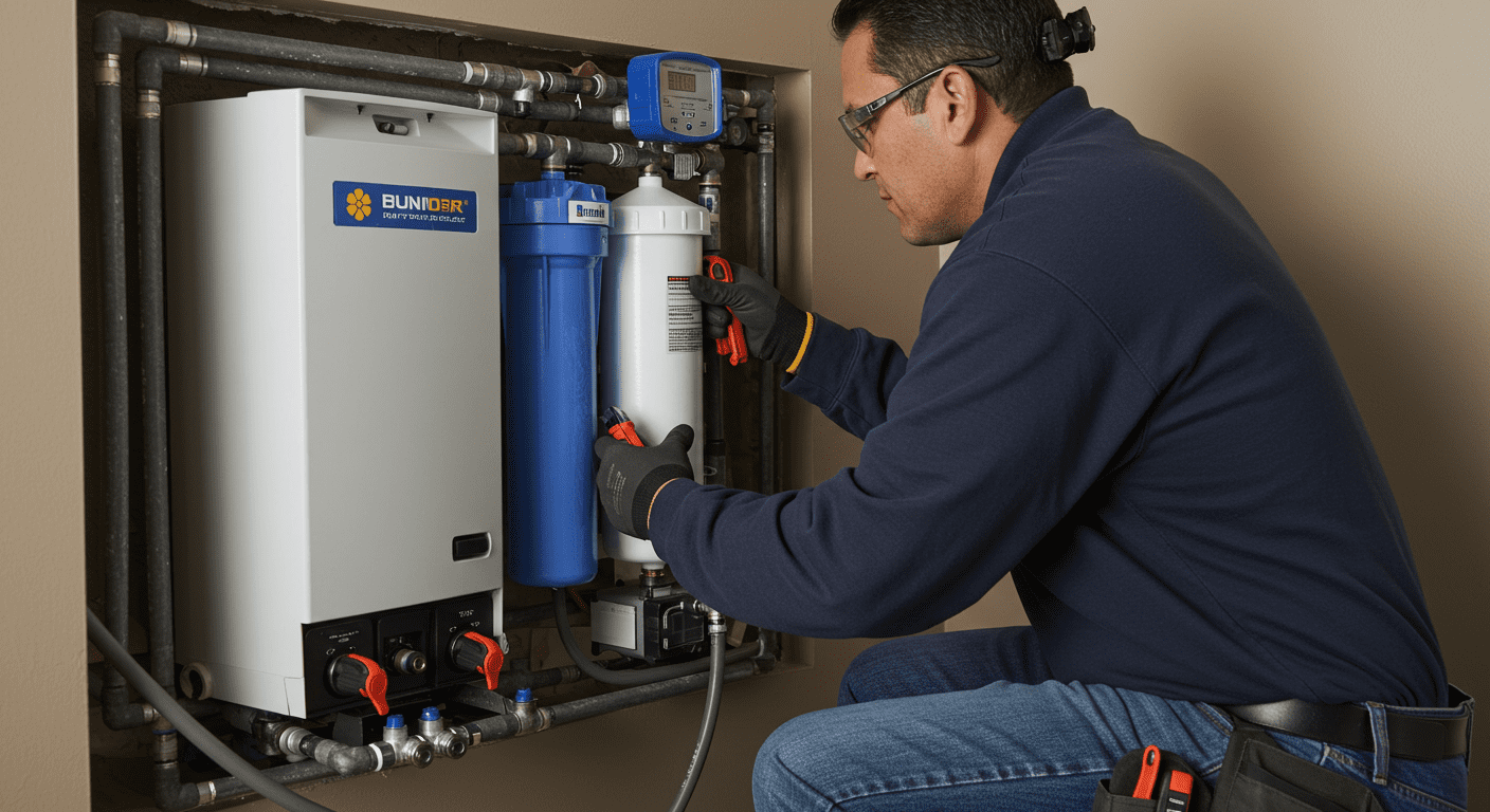 A professional technician installing a water purification system in a North Las Vegas home.