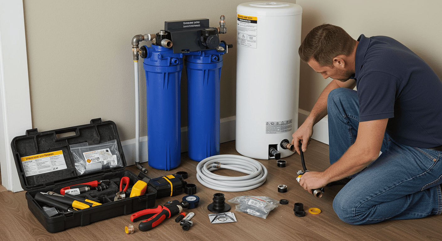 An installation process of a whole house water filter, featuring a technician working on the system in a residential setting. Tools and parts are neatly arranged, highlighting the professionalism and care taken during installation.