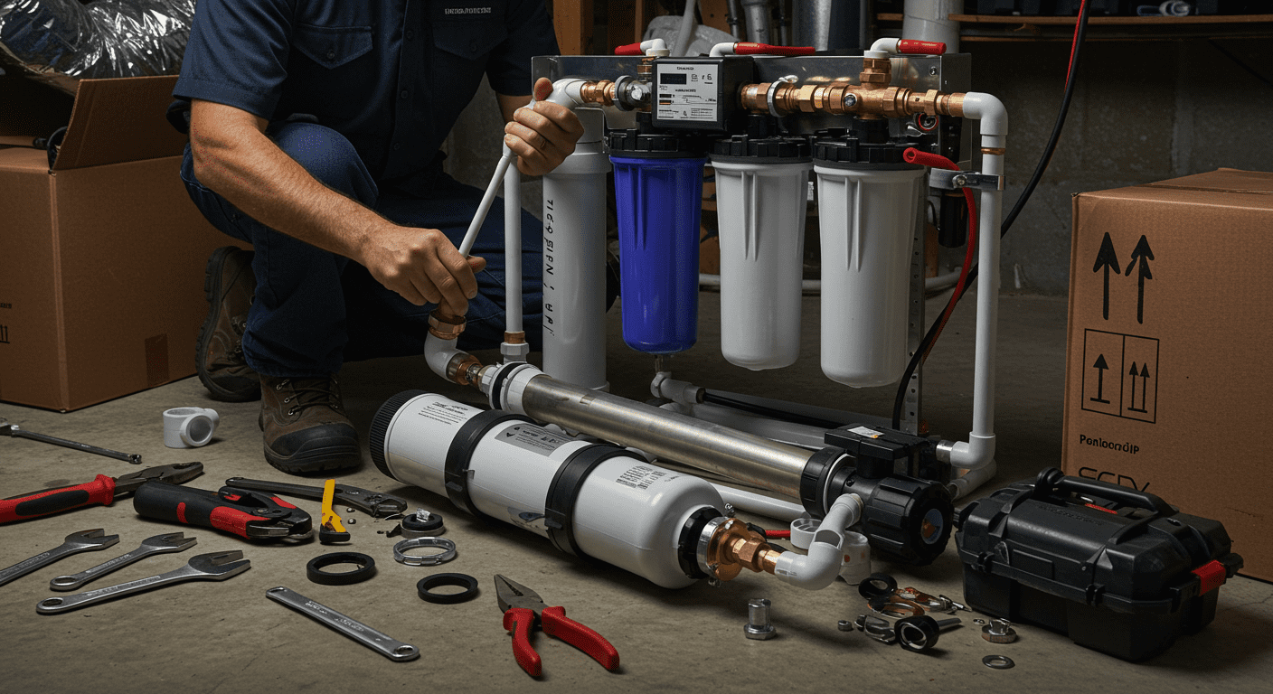 A professional technician installing a whole house water filtration system in a basement, with tools and equipment neatly arranged around them.