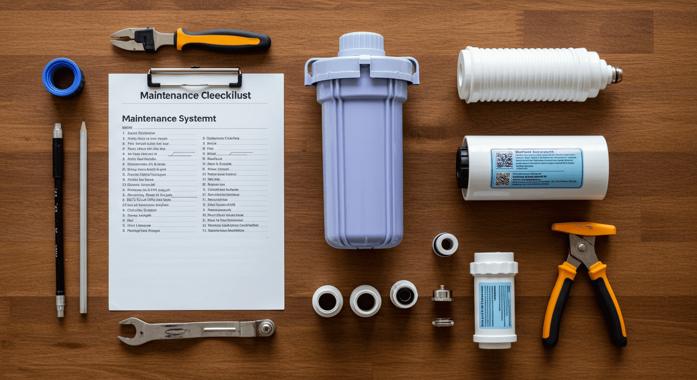 A visually appealing flat lay of a maintenance checklist for water filtration systems, alongside tools and replacement filters. The background is a wooden table, giving a homey feel.