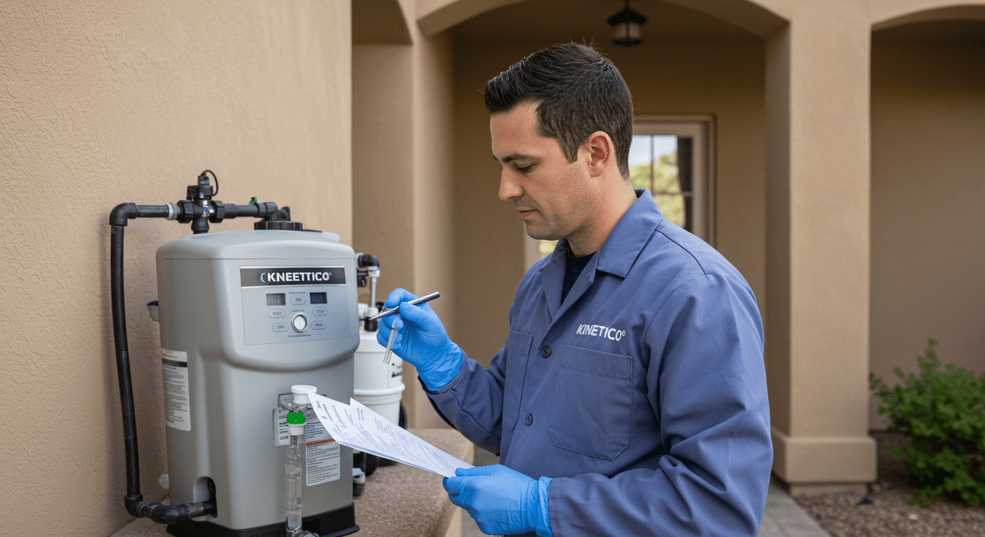A technician conducting a water quality test at a home in Las Vegas, with a Kinetico water filter system visible in the background. This image highlights the importance of water testing and the role of Kinetico in ensuring water quality.