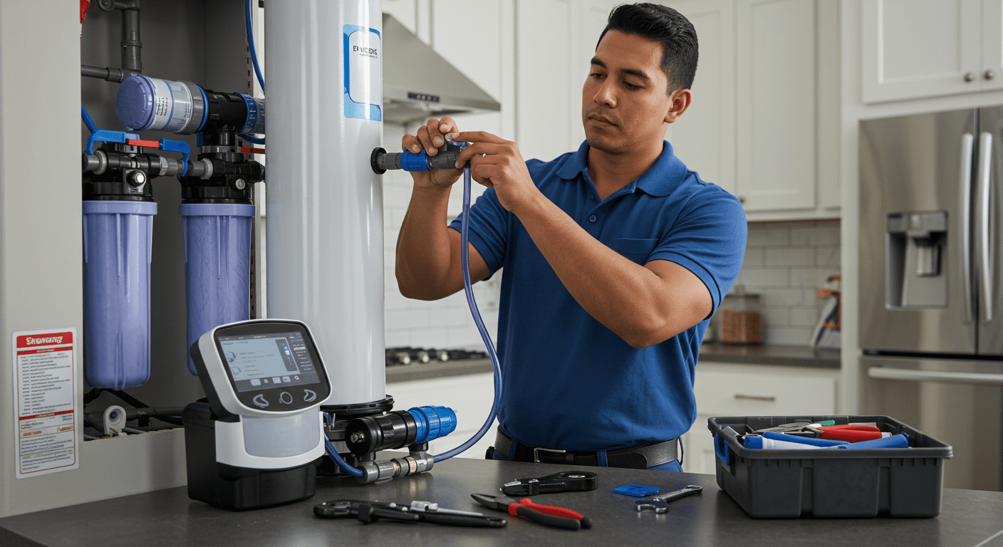 A technician installing a modern water softening system in a residential setting, showcasing the equipment and tools used.