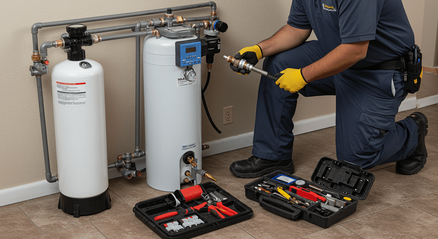 A technician performing maintenance on a water softener system, with tools laid out neatly beside them. The scene captures the essence of service and care in a Las Vegas home setting.