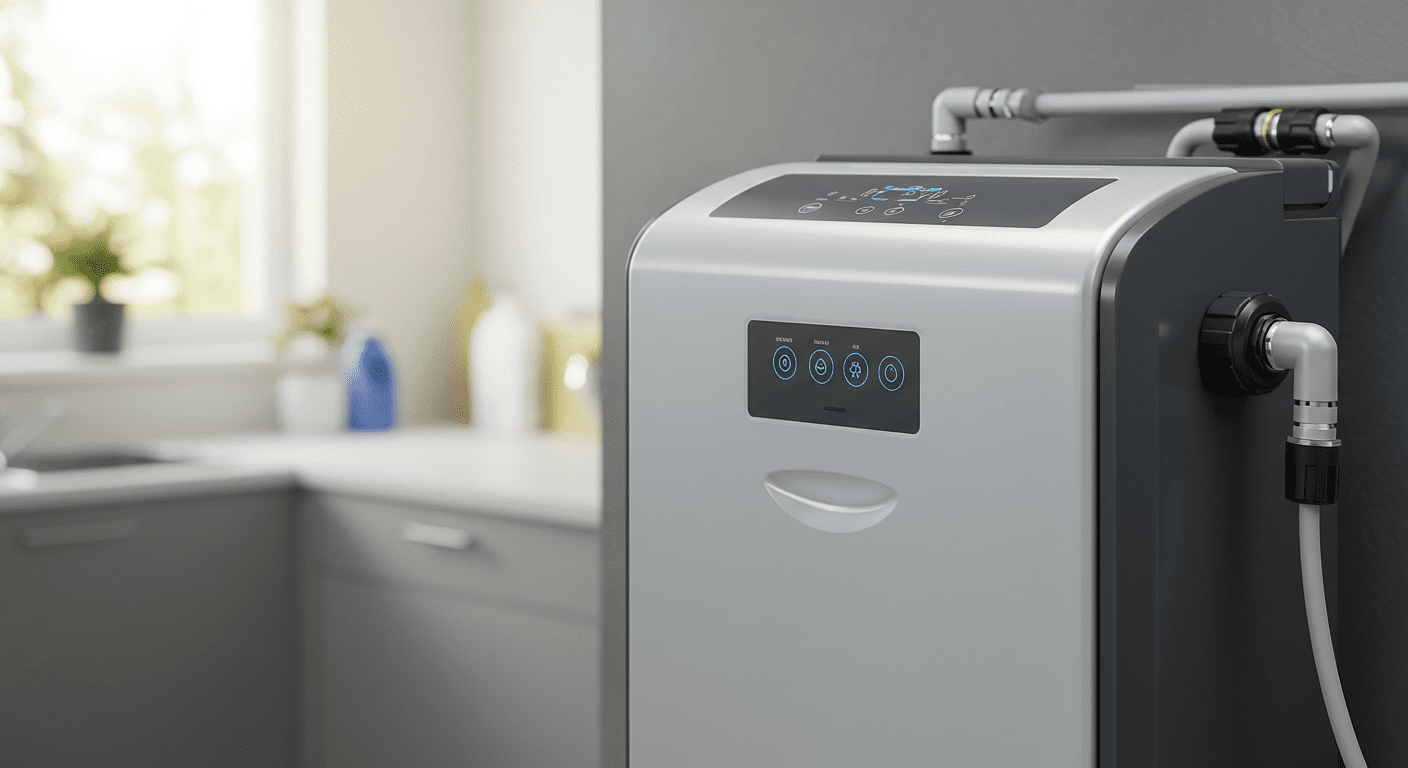 A close-up of a water softener system installed in a home setting, with a focus on the sleek design and features of the unit. The background shows a well-lit, modern utility room.