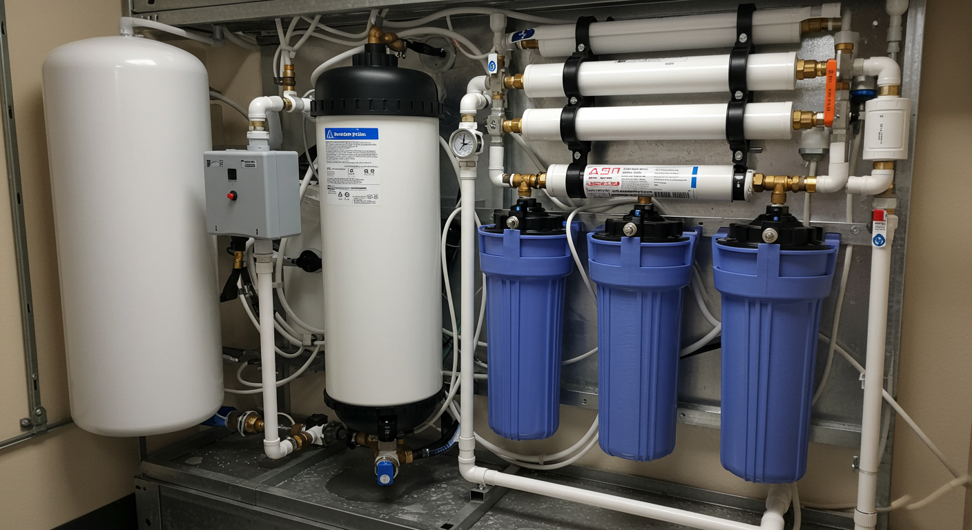 A close-up view of a modern whole house reverse osmosis system installed in a utility room, showcasing the intricate plumbing and filtration components.