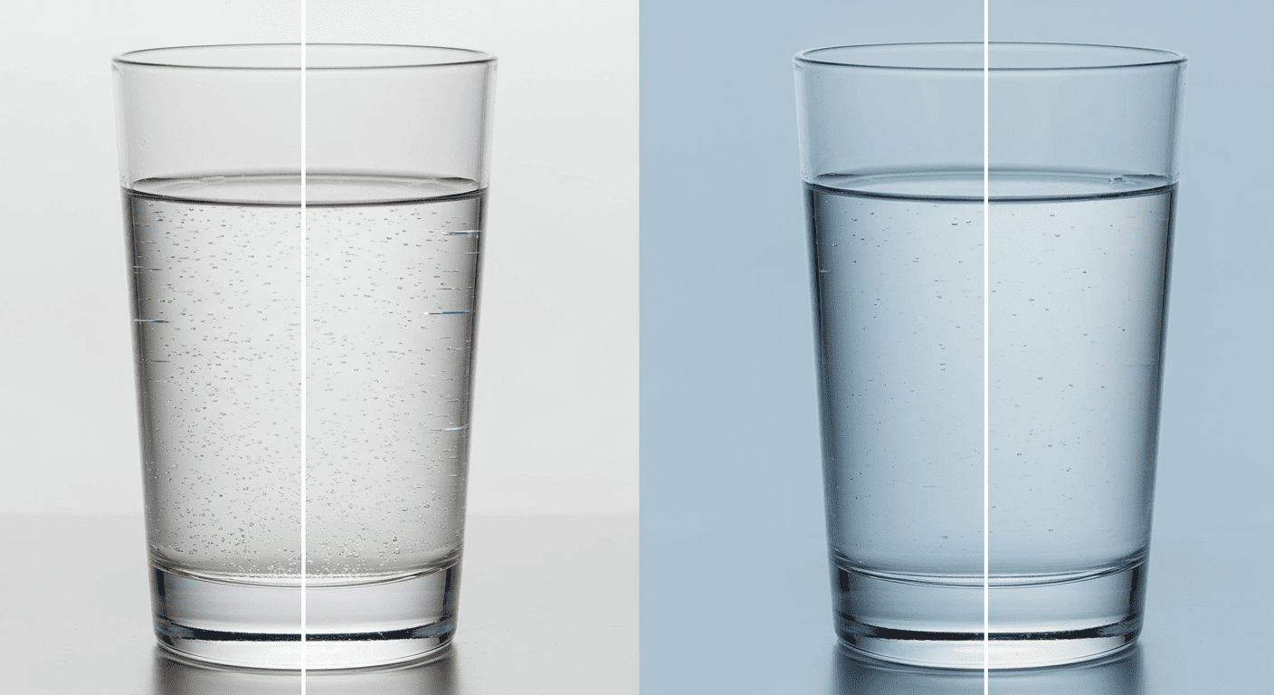 A split image showing two glasses of water side by side. One glass contains hard water with visible mineral buildup, while the other shows clear, soft water. This visual contrast highlights the benefits of using a water softener.