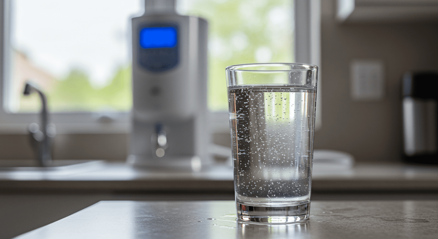 A glass of water placed on a kitchen counter, with a water filter system in the background. The water is sparkling, and the setting is bright and airy, suggesting freshness and purity.