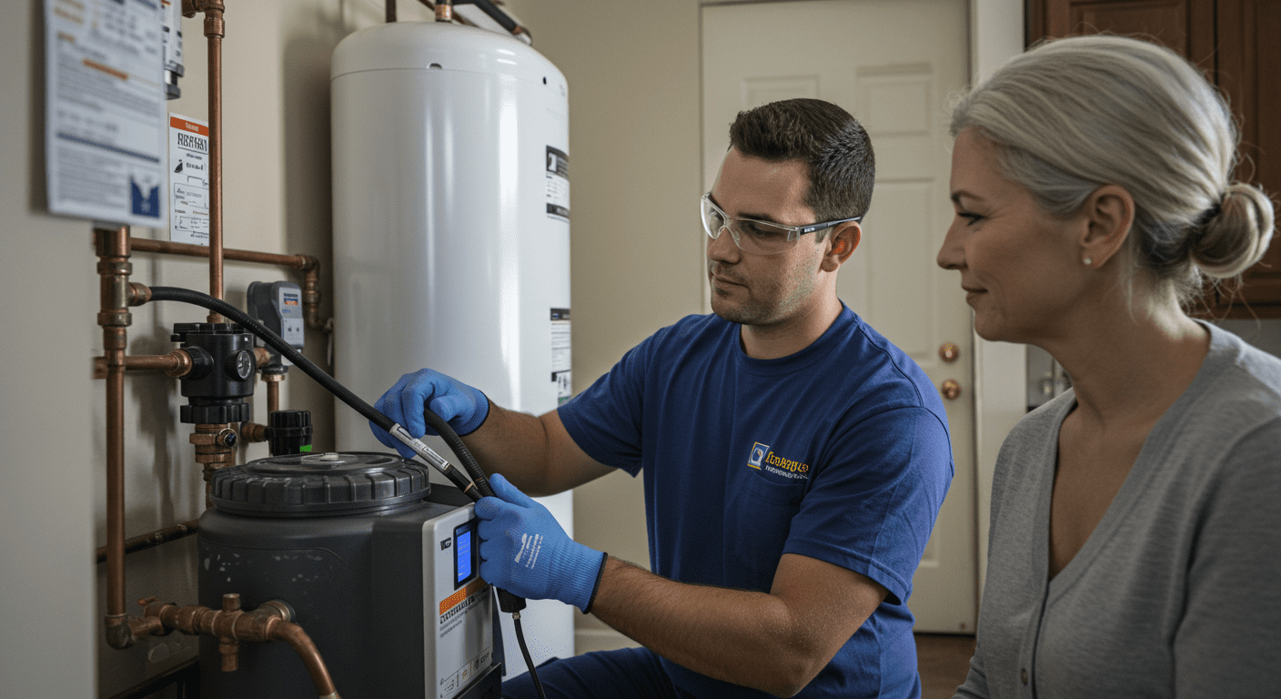 A technician performing maintenance on a water conditioning system in a residential setting, showcasing professionalism and expertise. The customer watches with a satisfied expression.
