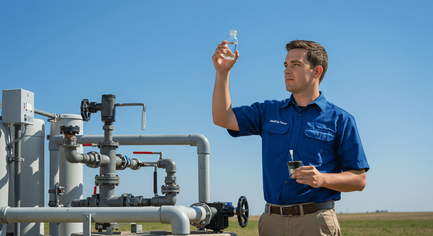 A technician testing well water quality outdoors, with a water filtration system in the background and a clear blue sky.