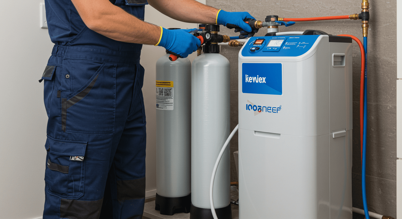 A professional technician installing a modern water softener system in a residential setting.