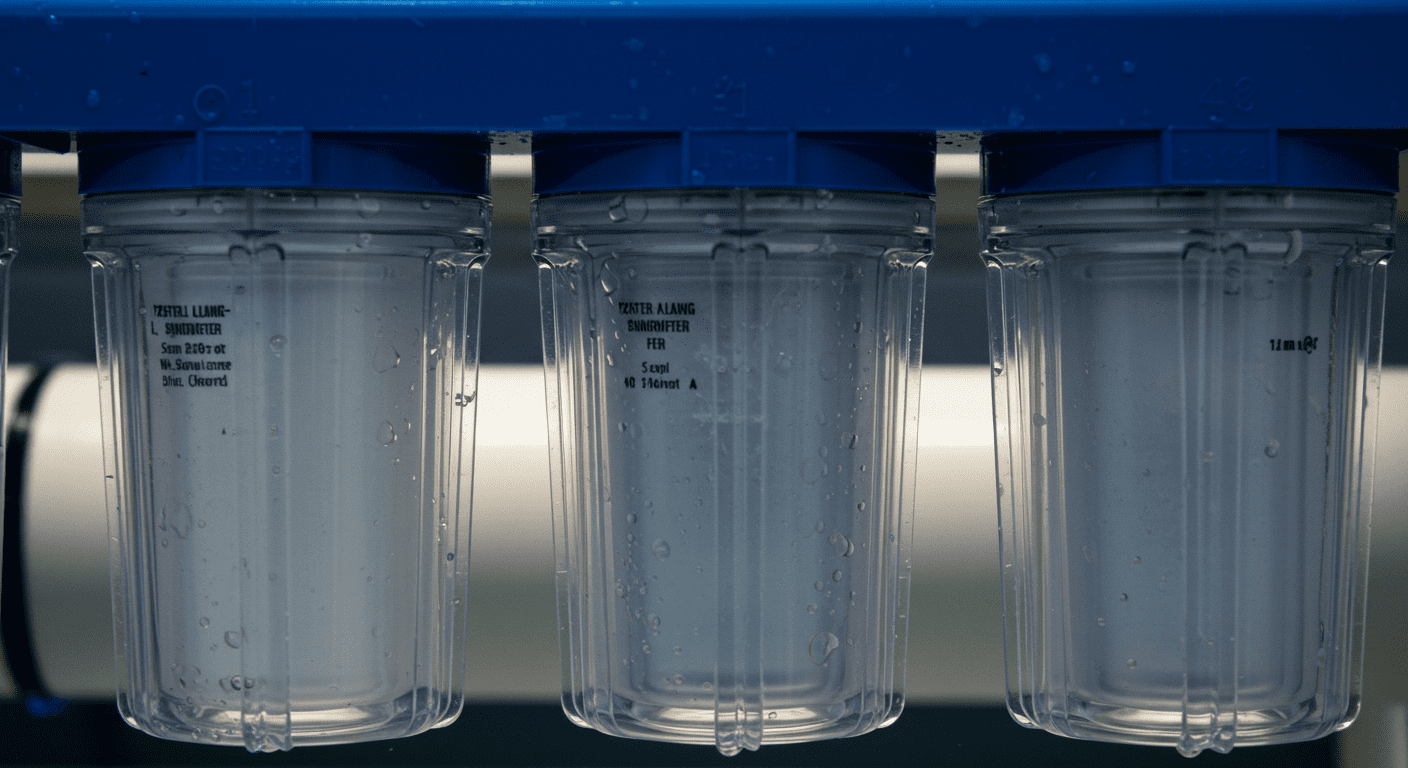 A close-up of a water filtration system with clear water flowing through, highlighting the filtration process.
