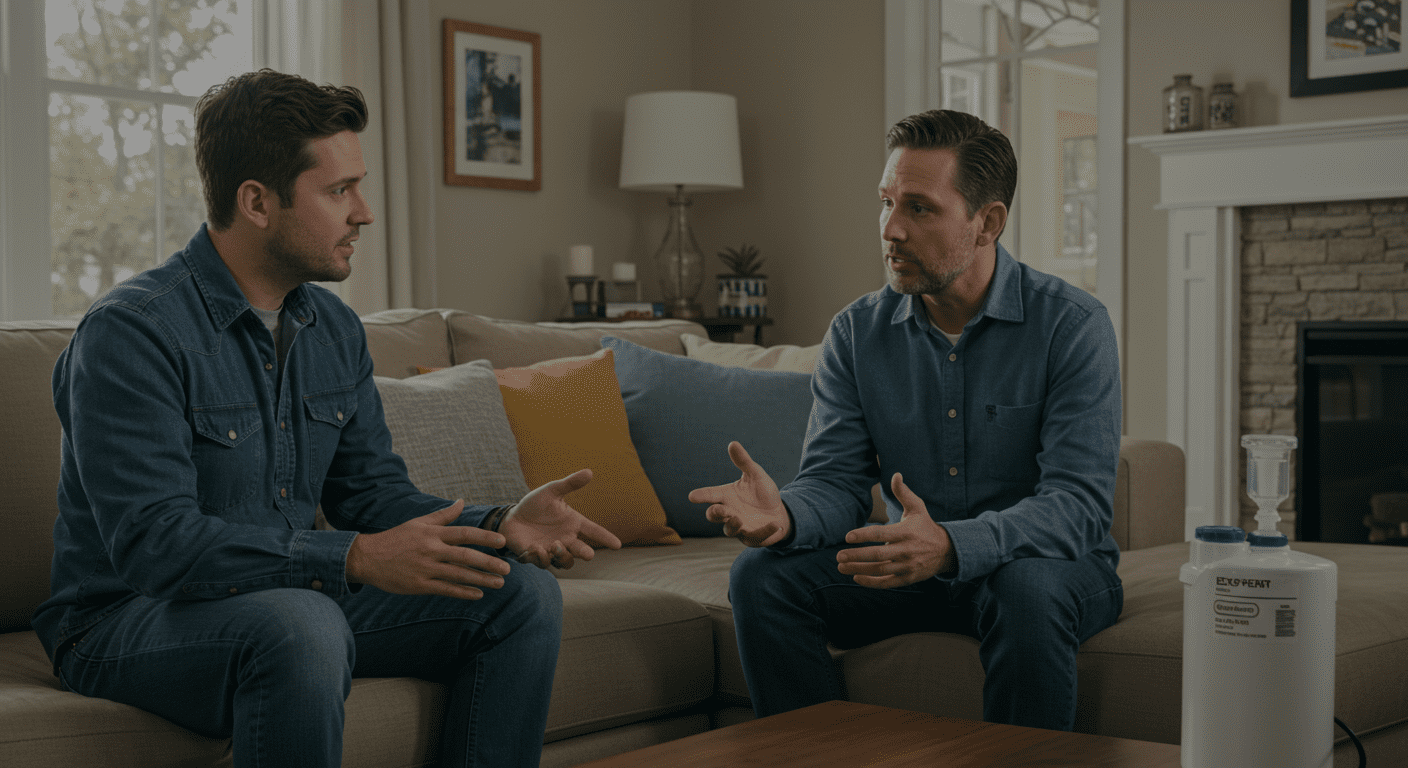 An expert discussing water filtration options with a homeowner in a cozy living room setting. The scene conveys trust and professionalism, emphasizing the importance of expert advice in choosing the right filter.