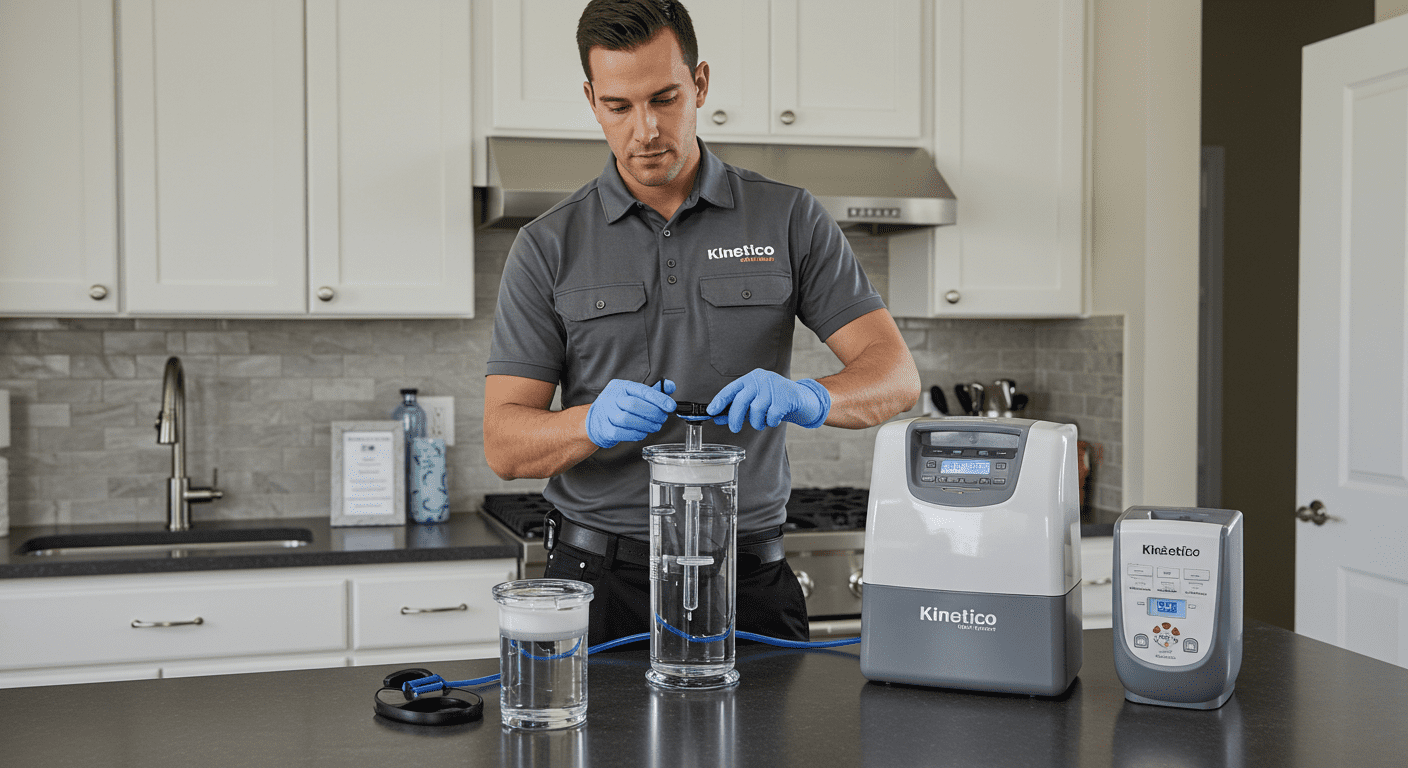 A technician conducting a water quality test in a modern kitchen, showcasing Kinetico products on the countertop. The technician is focused and professional, emphasizing expertise and service.