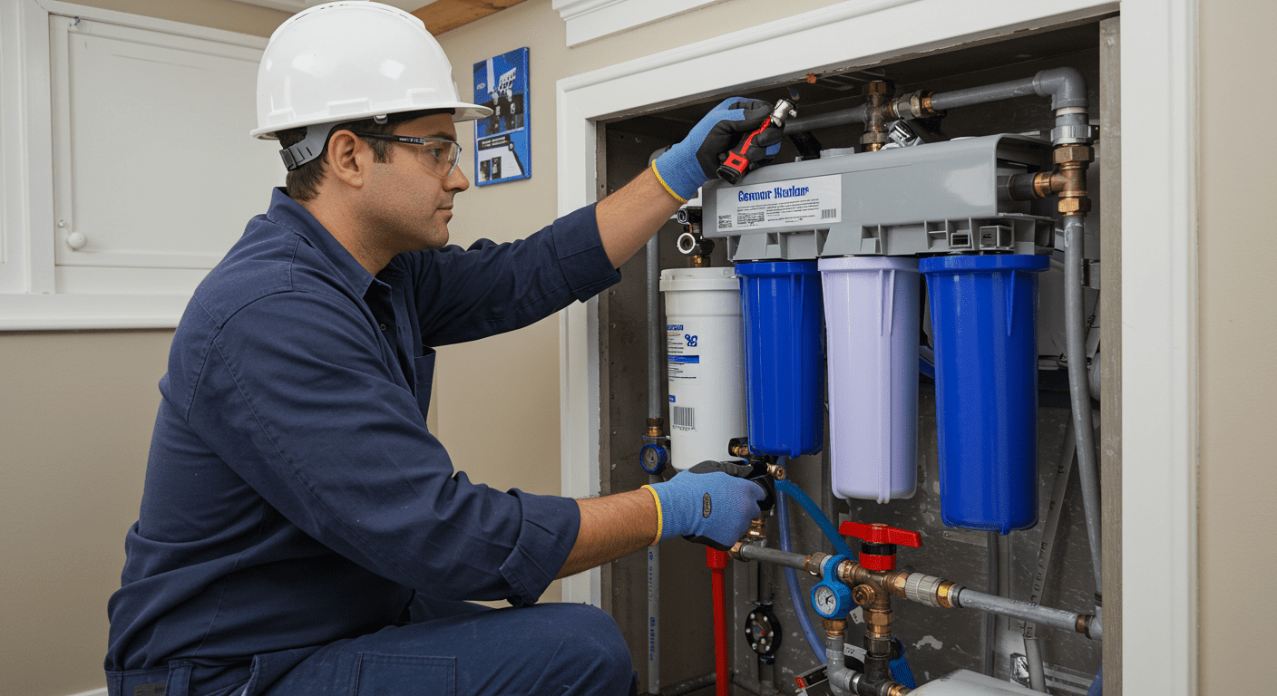 A professional plumber installing a water filtration system in a home setting, showcasing the process and tools involved. The image conveys expertise and trust in water quality solutions.