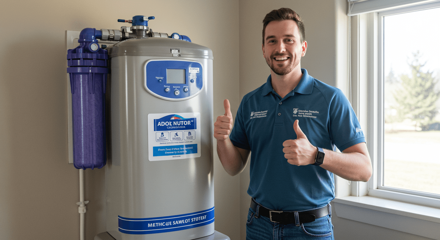 A satisfied customer proudly standing next to their newly installed water filtration system, giving a thumbs-up.