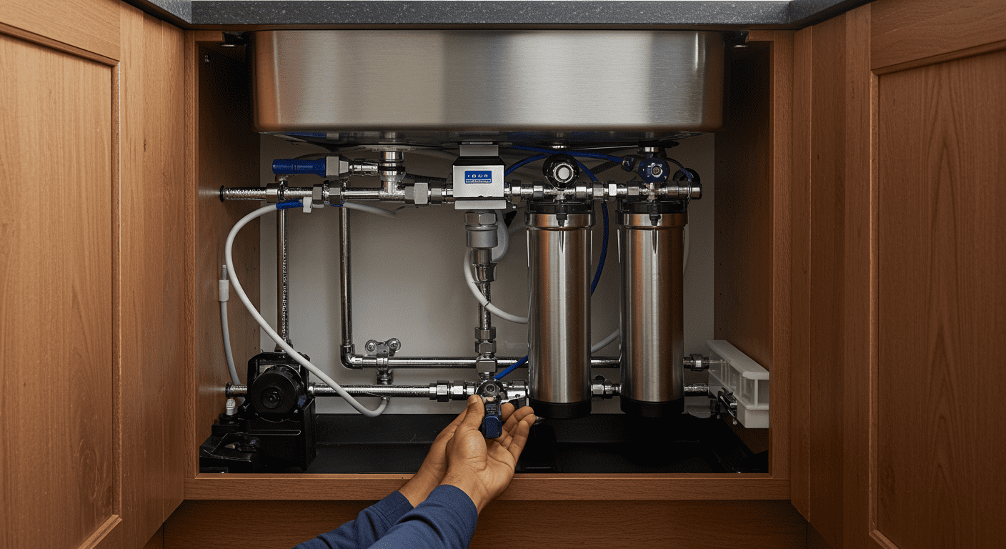 A technician installing a modern water purification system under a kitchen sink, showcasing the intricate plumbing and the system's sleek design.