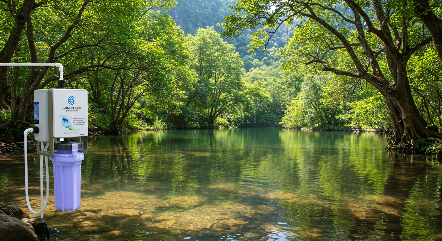 A serene outdoor setting with a clear water source, such as a stream or lake, symbolizing natural purity. In the foreground, a water purification system is displayed, bridging nature and technology.